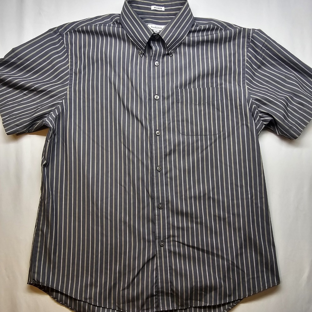 Van Heusen No Iron Button-Down Shirt Men's L 16-16.5 Gray White Short Sleeve - Picture 1 of 5